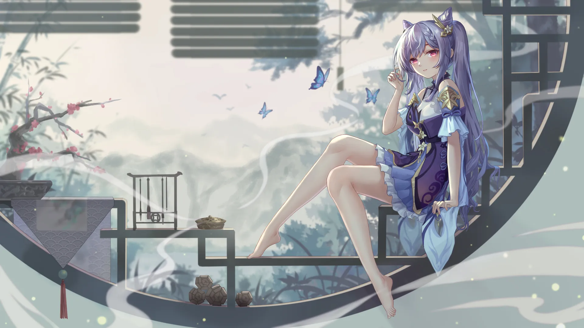 赤脚 紫色头发 长发 粉色眼睛 原神 科清 原神 动漫女孩 连衣裙  电脑壁纸 4K壁纸