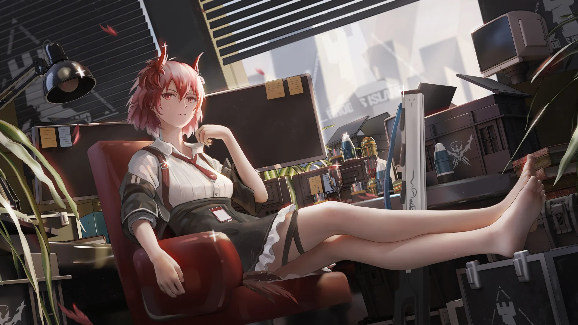 鲍勃发型 红眼睛 赤脚 动漫女孩 电脑壁纸 8K壁纸