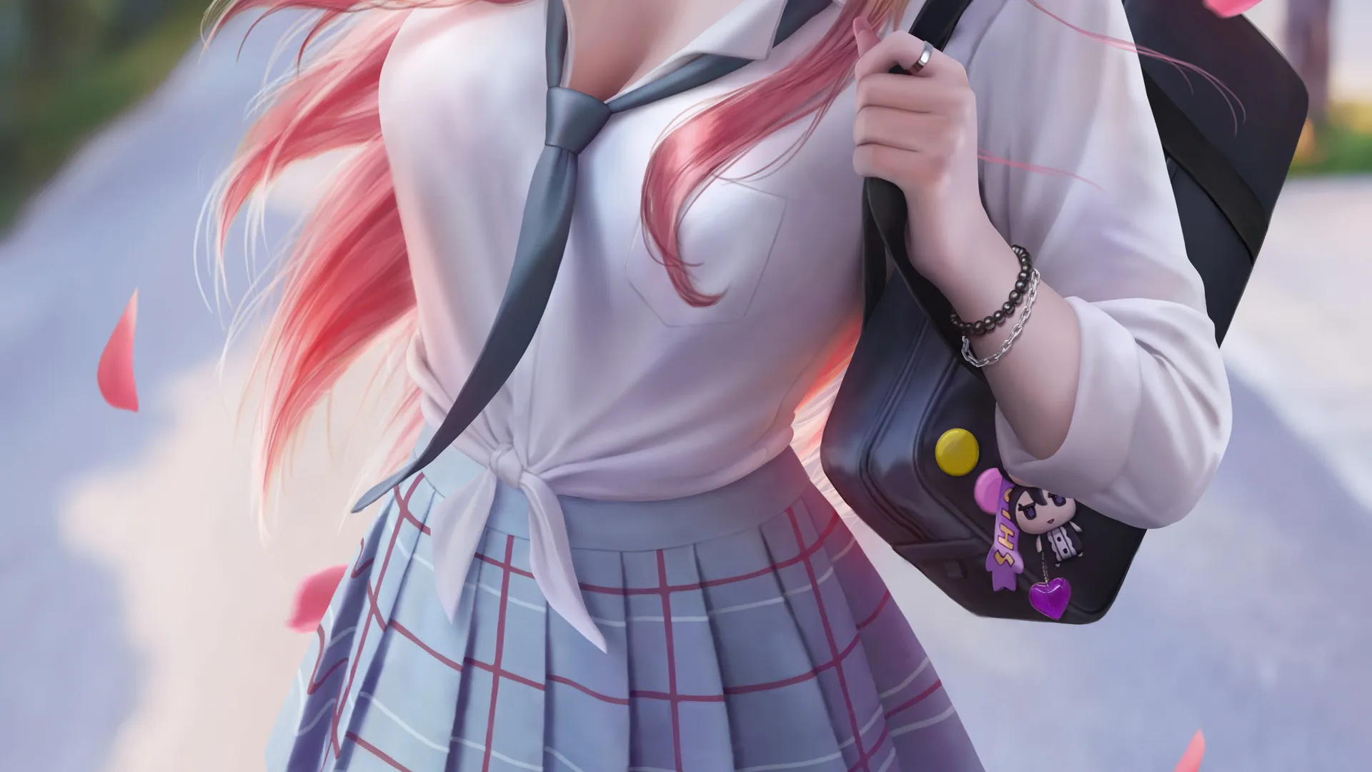 动漫 动漫女孩 衬衫 校服 花瓣 绘画 粉丝艺术 手机壁纸 4K壁纸