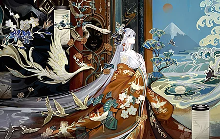 抬头 动漫 动漫女孩 和服 动物 鹅 蛇 花 浪 山 电脑壁纸 4K壁纸