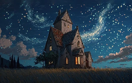 艺术 房子 星星 绘画 天空 星夜 草  电脑壁纸 4K壁纸