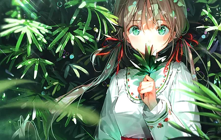 绿眼睛 长发 动漫 动漫女孩 树叶 丝带 电脑壁纸 4K壁纸
