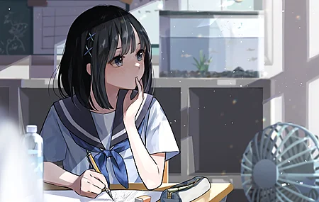 刘海 动漫女孩 黑发 校服 教室  电脑壁纸 4K壁纸