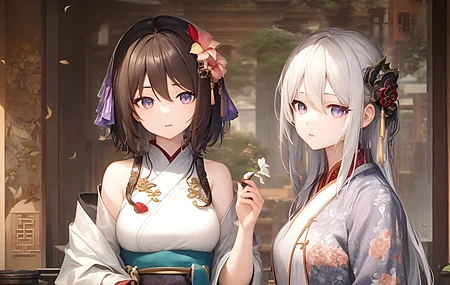 女孩 汉服 银发 中国服装 花在头发 花 动漫女孩 电脑壁纸 4K壁纸