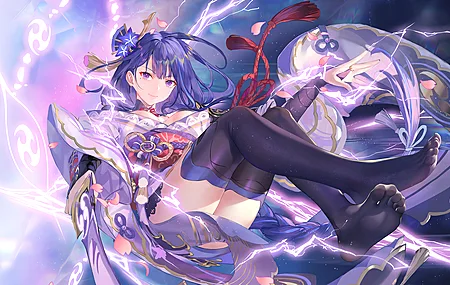 双脚交叉 紫色头发 痣 眼底痣 动漫女孩 原神 雷登幕府 电脑壁纸 4K壁纸