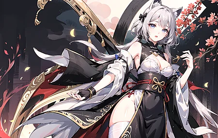 猫耳朵 动漫女孩 兽耳 鲜花 花瓣 连衣裙 长袜 双尾  电脑壁纸 4K壁纸