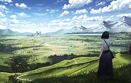 站立 短发 动漫少女 青草 雪峰 天空 云 风景  电脑壁纸 4K壁纸