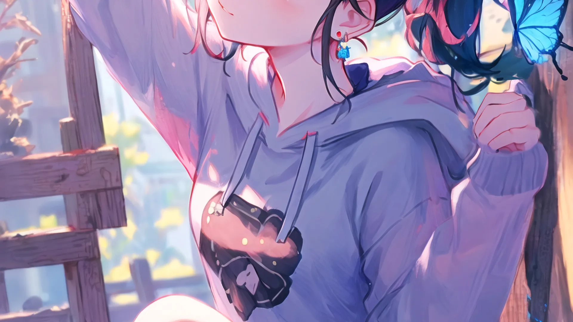 马尾辫 看向别处 动漫 动漫女孩 紫色眼睛 兜帽  手机壁纸 4K壁纸