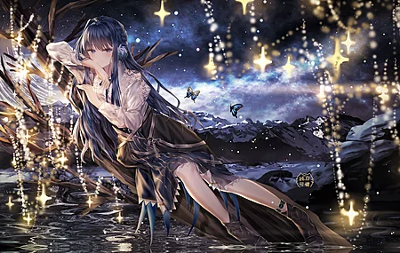 长发 微笑 动漫 动漫女孩 连衣裙 原木 灯光 夜晚 星星 蝴蝶  电脑壁纸 4K壁纸