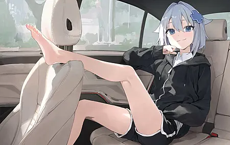 脚 赤脚 动漫 动漫女孩 短裤 猫耳 汽车  电脑壁纸 4K壁纸