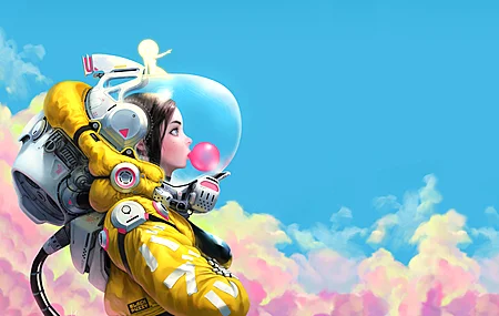 女人 深色头发 宇航服 泡泡糖 云  电脑壁纸 8K壁纸