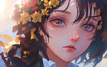 女人 动漫女孩 鲜花 头发上的花  电脑壁纸 4K壁纸