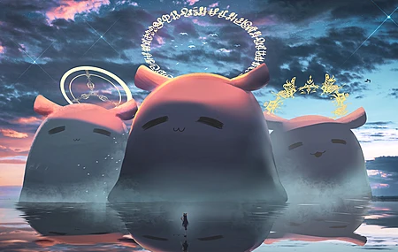 虚拟  全息 动漫女孩 AI艺术 反射 水 云  电脑壁纸 4K壁纸