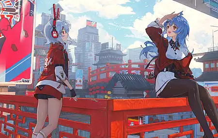 女孩 动漫女孩 耳机 城市 云 电脑壁纸 4K壁纸