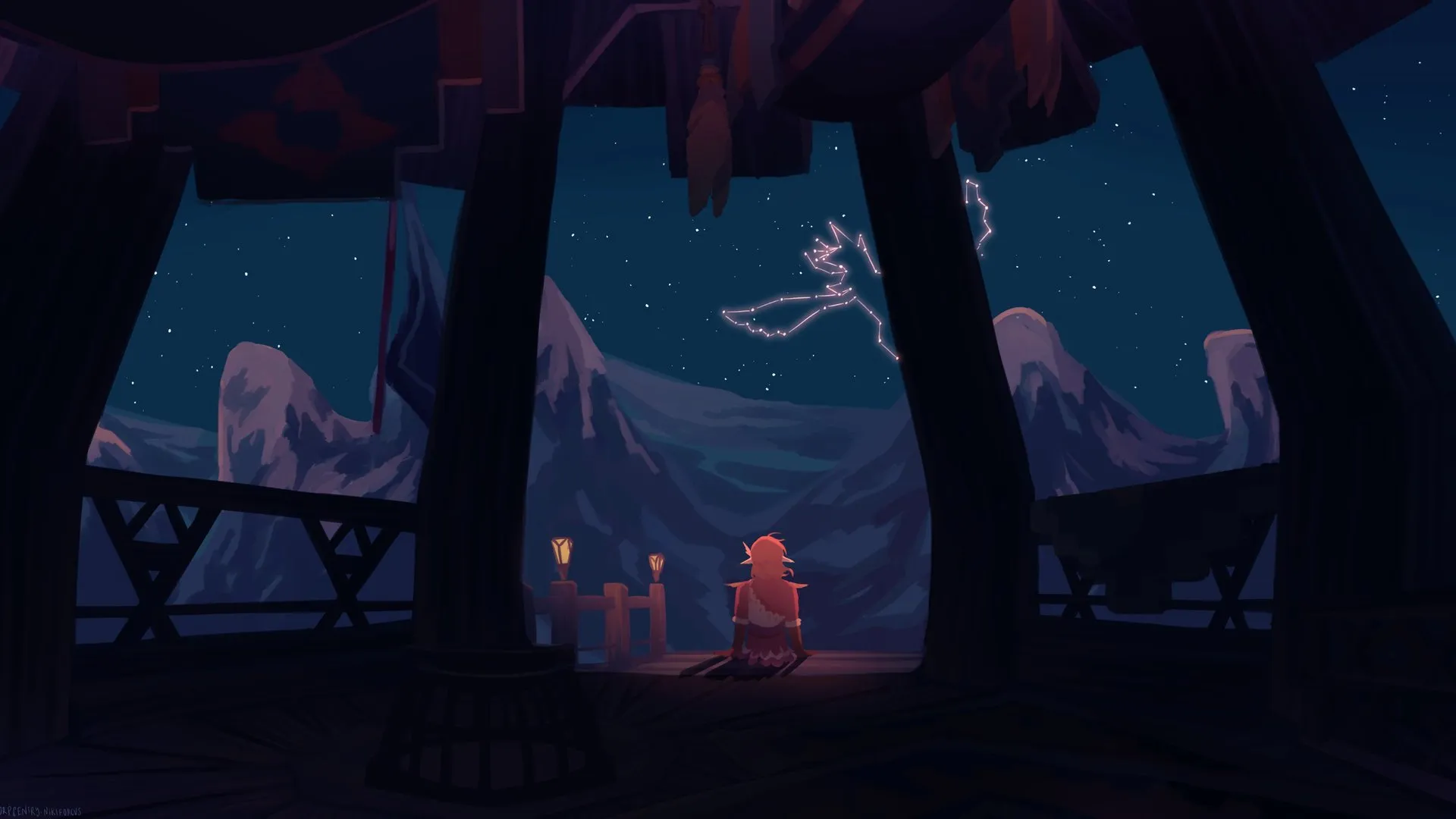 坐着 幻想艺术 山脉 夜空 星星  电脑壁纸 4K壁纸