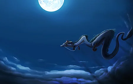 动漫 粉丝艺术 千与千寻 夜 月 月光 云 白 蓝 中国龙 满月  电脑壁纸 4K壁纸