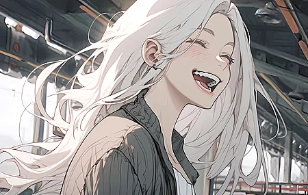 快乐 大笑 白发 牙齿 嘴巴 闭着眼睛 长发 人工智能艺术 动漫女孩  电脑壁纸 4K壁纸