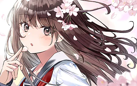 深色头发 长发 动漫 棕色眼睛 樱花 校服 腮红 动漫女孩 剪裁  电脑壁纸 4K壁纸