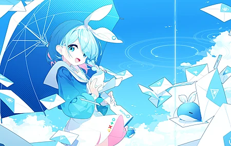蓝眼睛 动漫 动漫女孩 蔚蓝档案 雨伞 字母 云  电脑壁纸 4K壁纸