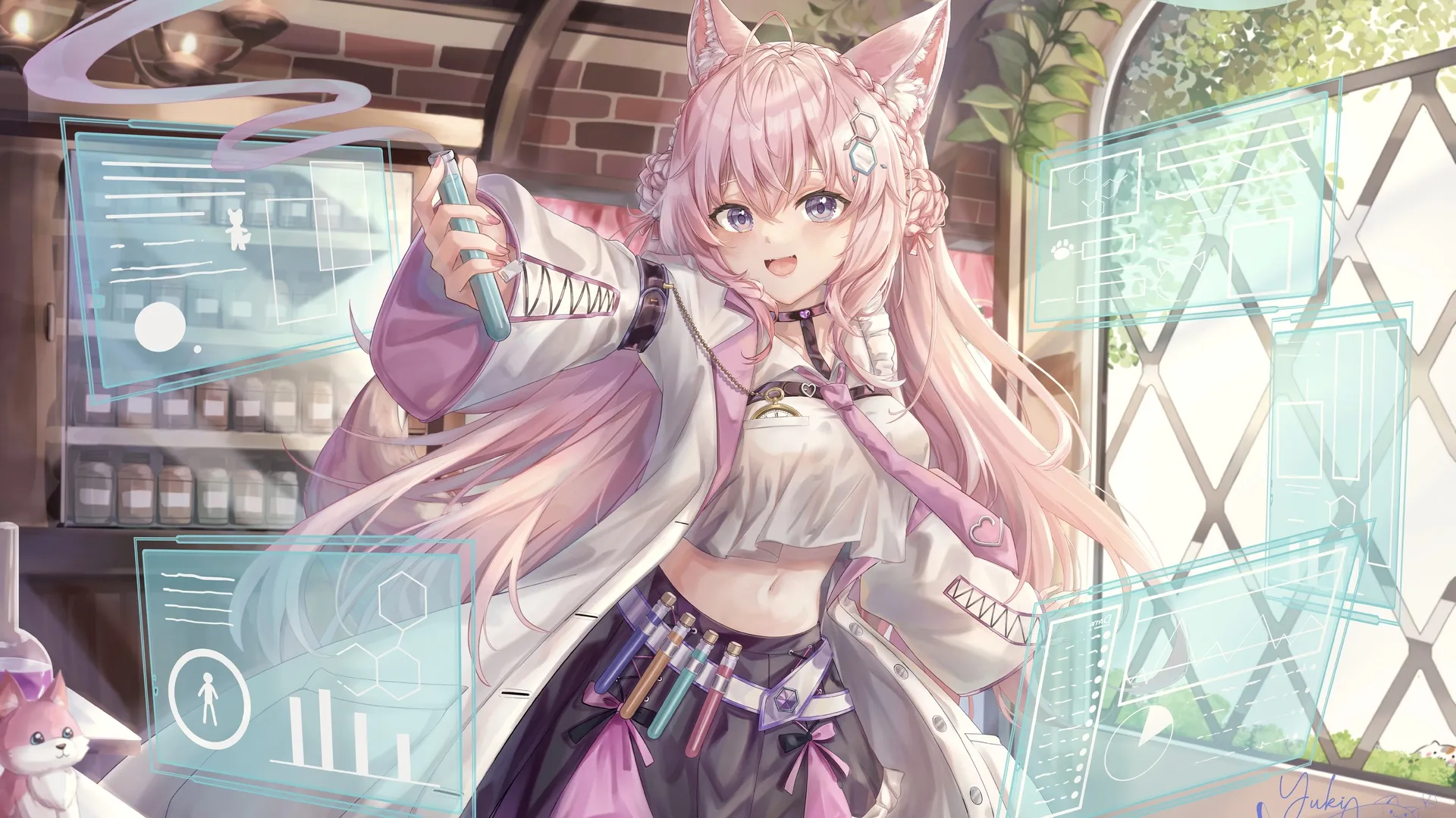 猫咪女孩 长发 粉色头发 蓝色眼睛 辫子 站着  电脑壁纸 4K壁纸