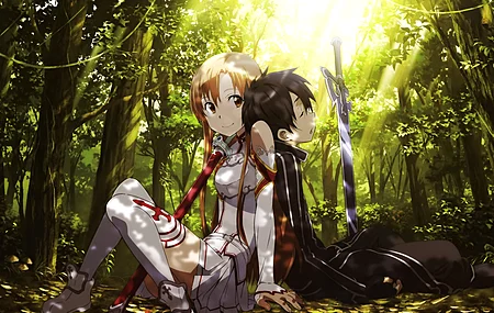 刀剑神域 膝盖并拢 微笑 夫妻 树木 电脑壁纸 4K壁纸