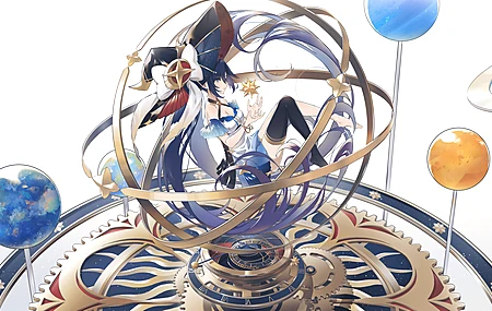 动漫女孩 女巫帽子 行星 连衣裙 极简主义 简单背景 白色背景  电脑壁纸 4K壁纸