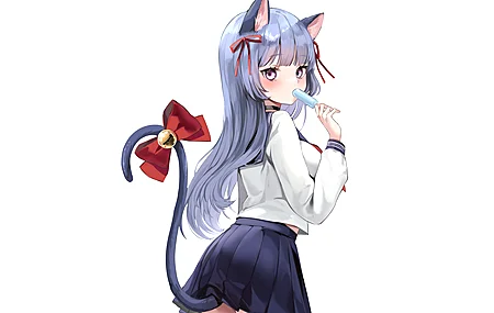 猫女孩 站立 动漫 动漫女孩 冰淇淋 校服 兽耳 尾巴 丝带  电脑壁纸 4K壁纸