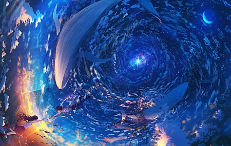 动画 鲸鱼 飞鲸 月亮 云  电脑壁纸 4K壁纸