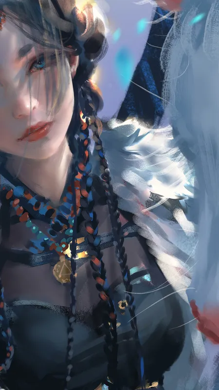 奇幻女孩 辫子 长发 幽灵之刃 AI艺术 鹿 鹿角 手机壁纸 4K壁纸