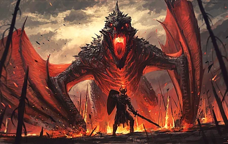 战士 奇幻艺术 扇形艺术 AI艺术 概念艺术 生物 龙 火 巨人 小角度  电脑壁纸 4K壁纸