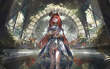 原神 红发 动漫 动漫女孩 白色连衣裙 角 花园 鲜花 植物 电脑壁纸 4K壁纸