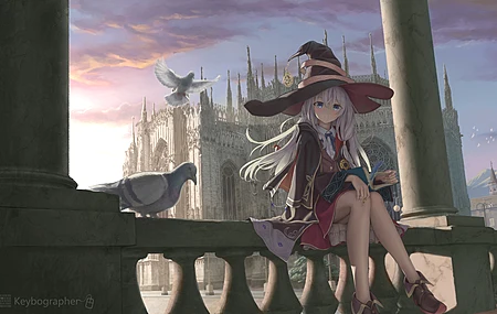 女巫 蓝眼睛 坐着 动漫女孩 动漫 巫师帽子 银发  电脑壁纸 4K壁纸