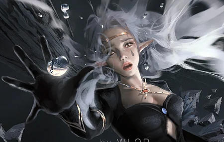  女人 白发 坠落 长发 奇幻女孩 精灵 AI艺术 黄眼睛 兽耳 项链 奇幻艺术  电脑壁纸 4K壁纸