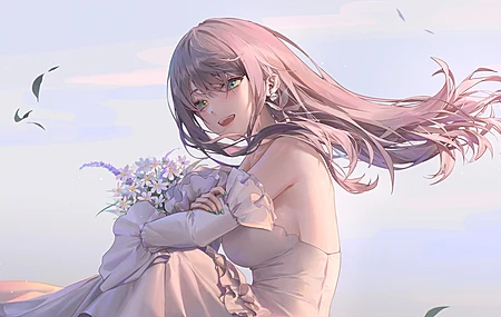  蓝眼睛 动漫 动漫女孩 婚纱 鲜花  电脑壁纸 4K壁纸