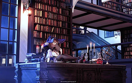 丽莎 原神 游戏CG角色 肖像 夜晚 原神 书籍 书架 书桌 蜡烛 灯笼 电脑壁纸 4K壁纸