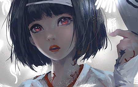 墨水女孩 张嘴 短发 钝刘海 红眼睛 动漫 电脑壁纸 4K壁纸