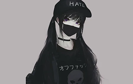 单色 黑发 动漫女孩 紫色眼睛 面具 电脑壁纸 4K壁纸