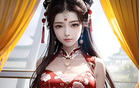 模特 女人 亚洲 艺术 耳环 吊带裙 项链 旗袍 电脑壁纸 4K壁纸