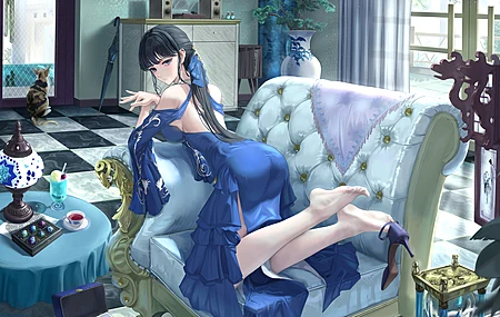 动漫 连衣裙 动漫女孩 高跟鞋 沙发 饮料 杯子 糖果 珠宝 电脑壁纸 4K壁纸