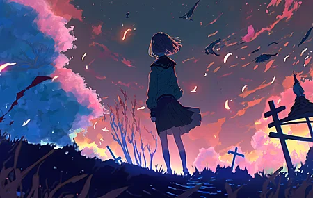 女学生 森林 十字架 云 天空 草  电脑壁纸 4K壁纸