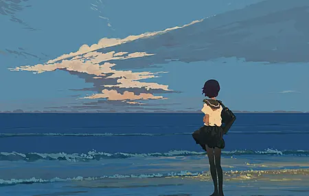 女学生 站立 校服 海滩 海边 日落 宁静 海浪 水 云 天空 AI艺术  电脑壁纸 4K壁纸