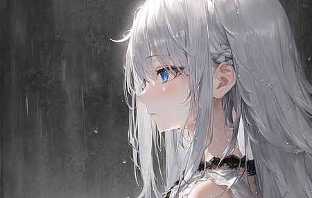 蓝眼睛 白发 个人资料 动漫女孩 简单背景 艺术 雨  电脑壁纸 4K壁纸