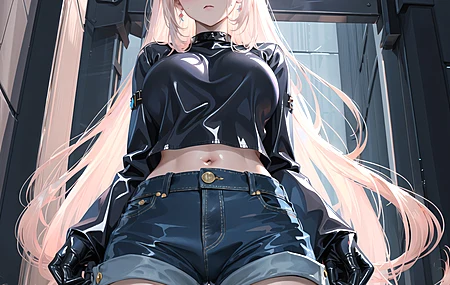 动漫女孩 往下看 脸红 低角度 腹部 手套 牛仔裤 4K壁纸