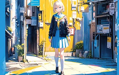 女学生 金发 蓝眼睛 动漫女孩 动漫 AI艺术 校服 街头 人工智能艺术  电脑壁纸 4K壁纸