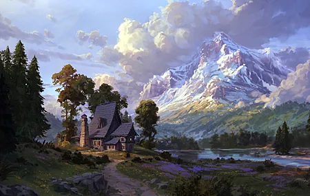 AI艺术 自然 树木 房屋 山 云  电脑壁纸 4K壁纸