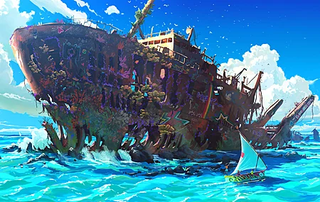 维多销售 AI艺术 插图 风景 海洋 水 船 云 废墟 天空 沉船 帆船  电脑壁纸 4K壁纸