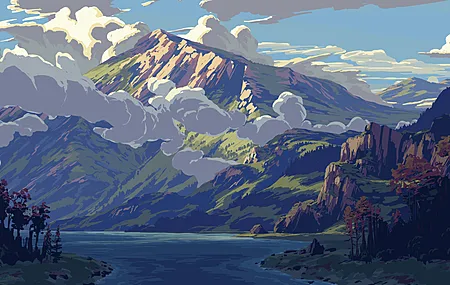 AI艺术 自然 树木 山脉 云 水 电脑壁纸 4K壁纸