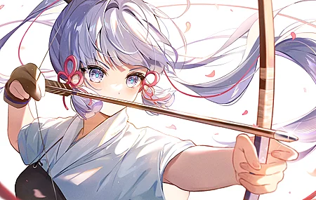 马尾辫 长发 动漫女孩 龟里亚卡 原神 弓和箭 花瓣 电脑壁纸 4K壁纸