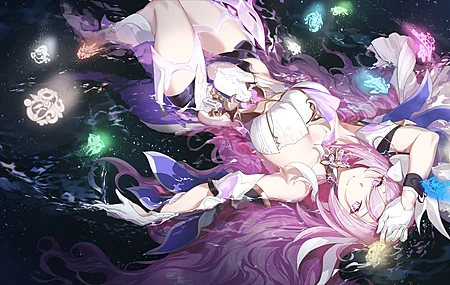 粉色头发 仰卧  白色连衣裙 动漫女孩 水 紫色眼睛  电脑壁纸 4K壁纸