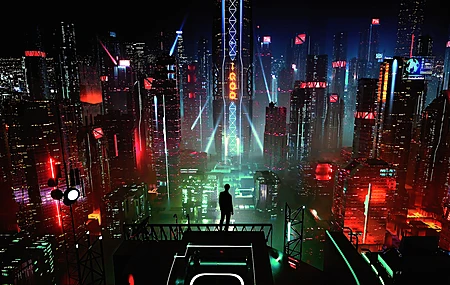 赛博朋克 未来主义 奇幻艺术 城市景观 未来城市 男人 夜晚 电脑壁纸 4K壁纸